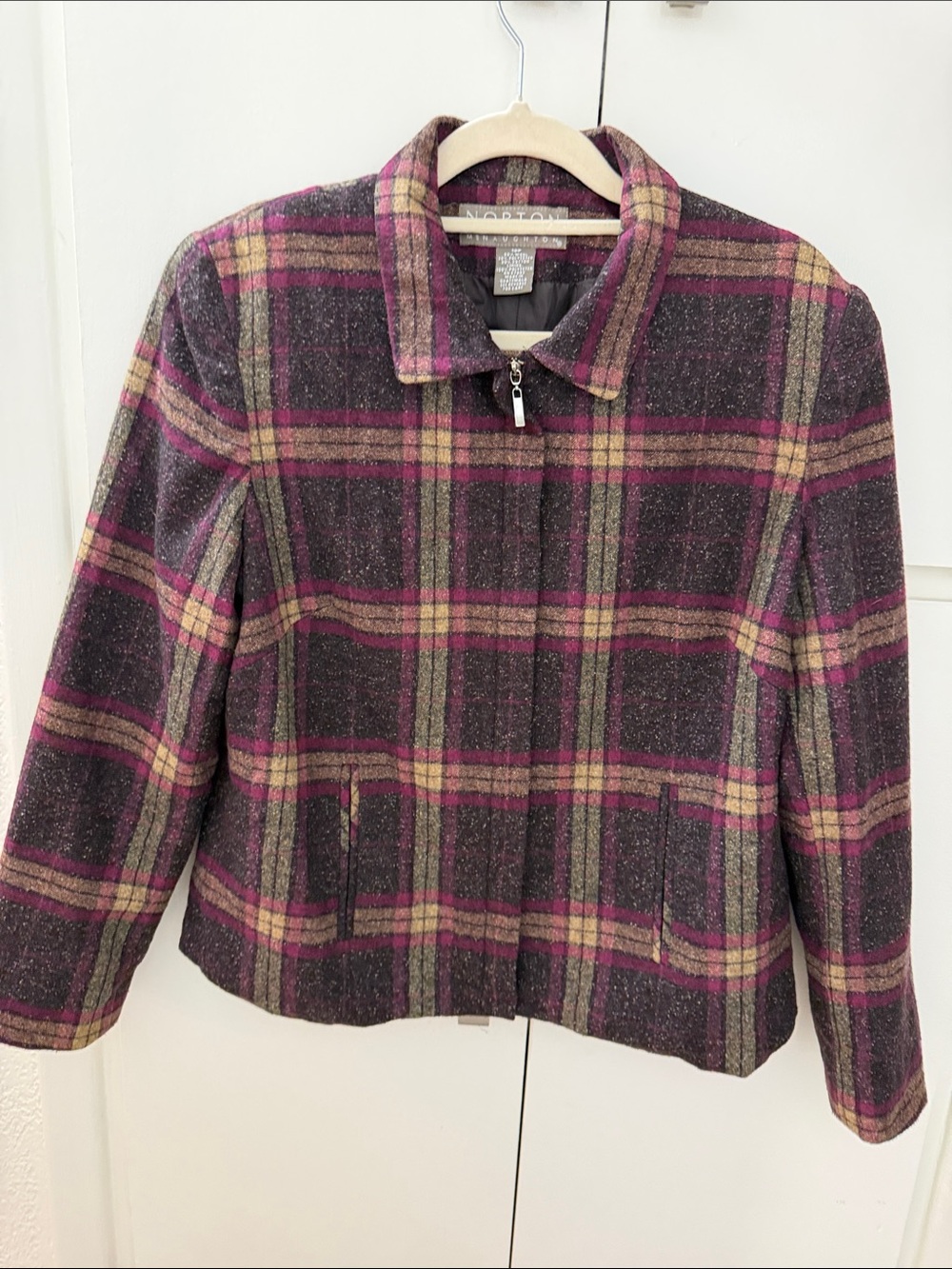 Norton McNaughton Plaid Zip Jacket in Plum, tan, brown and Cream